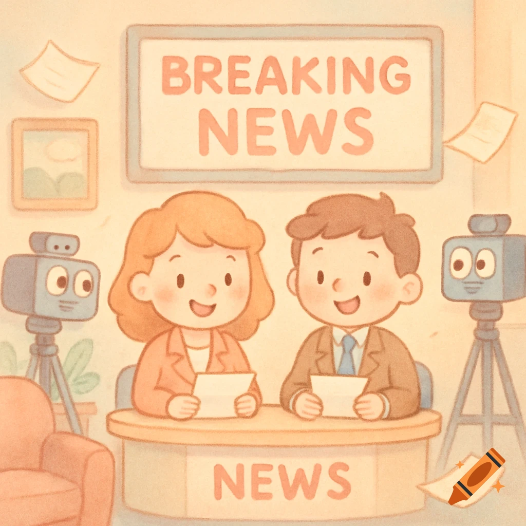 Cute, soft pastel illustration of two smiling cartoon news anchors at a desk with a 'Breaking News' sign, cameras with eyes.