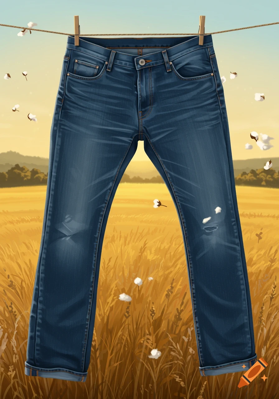 Illustrated blue jeans hanging on a clothesline over a golden field with floating cotton bolls under a clear sky.