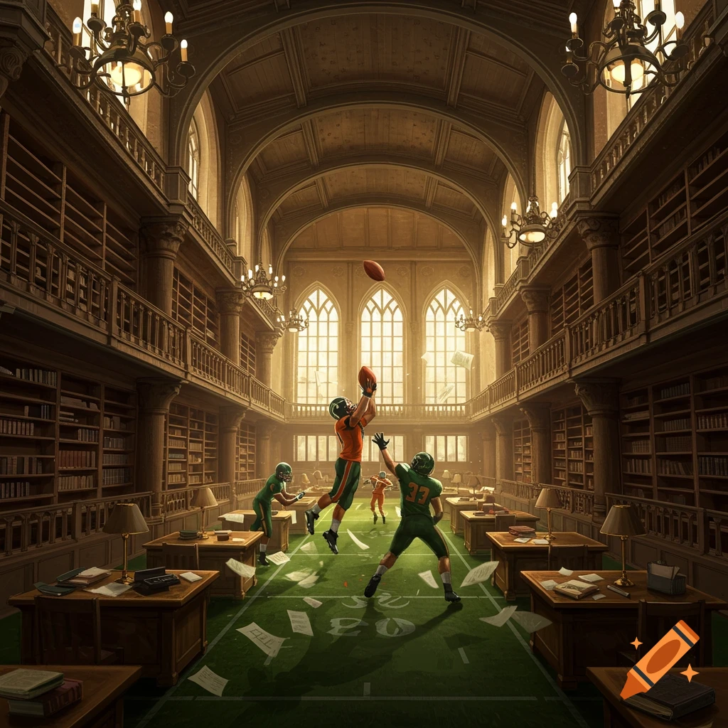 American football players play on a field laid out in a grand, ornate library with towering bookshelves.