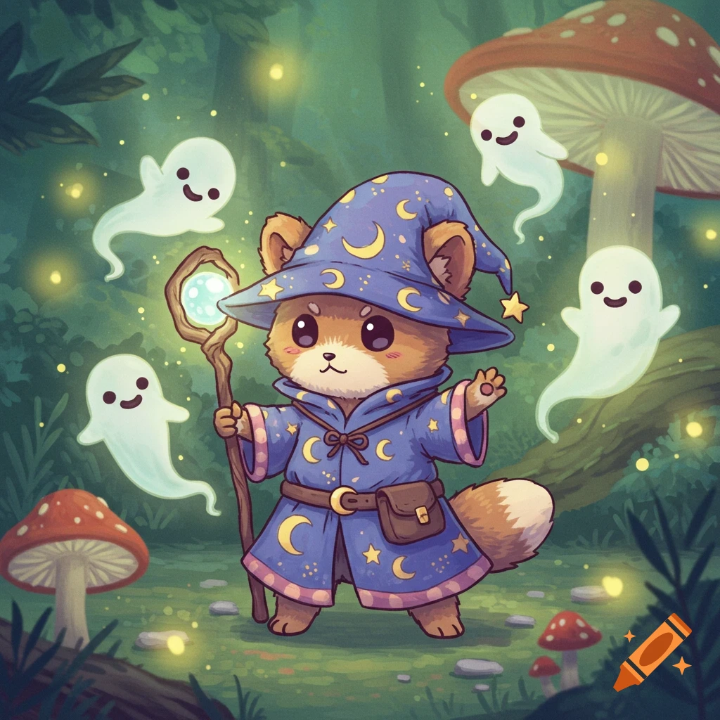 A cute cartoon fox-like wizard animal in a blue hat and robe, holding a glowing staff, with friendly ghosts in a magical forest.