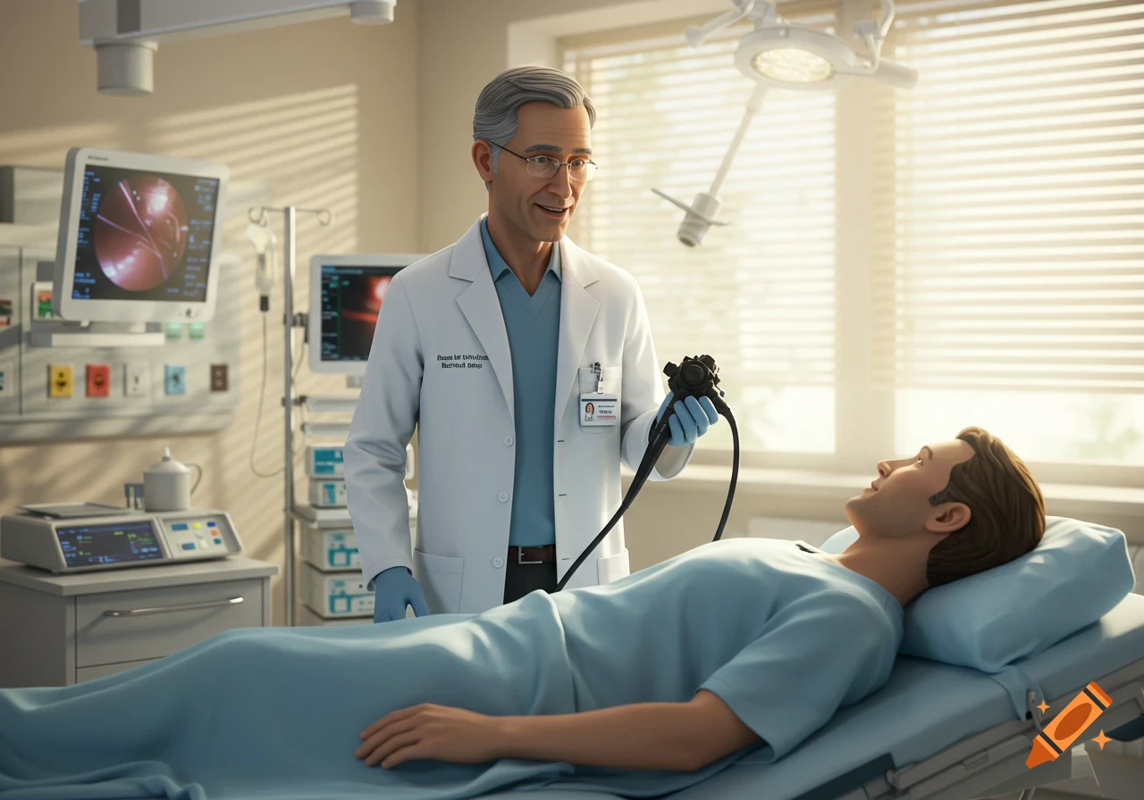 A smiling doctor in a lab coat holds an endoscope while a patient in a blue gown lies on a hospital bed in a bright room.