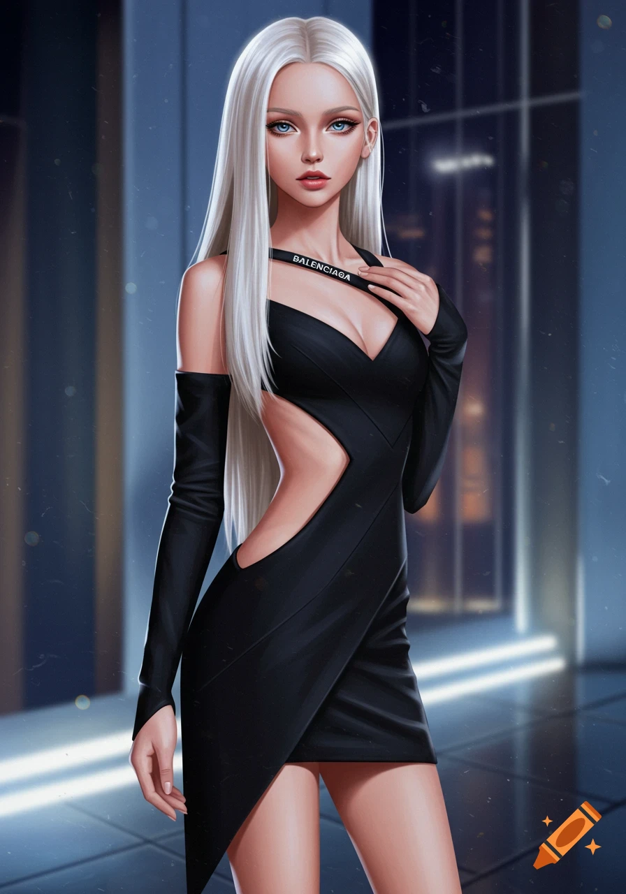 A stylized digital painting of a woman with long silver hair and blue eyes, wearing a black Balenciaga dress with cutouts and long gloves, in a modern setting.