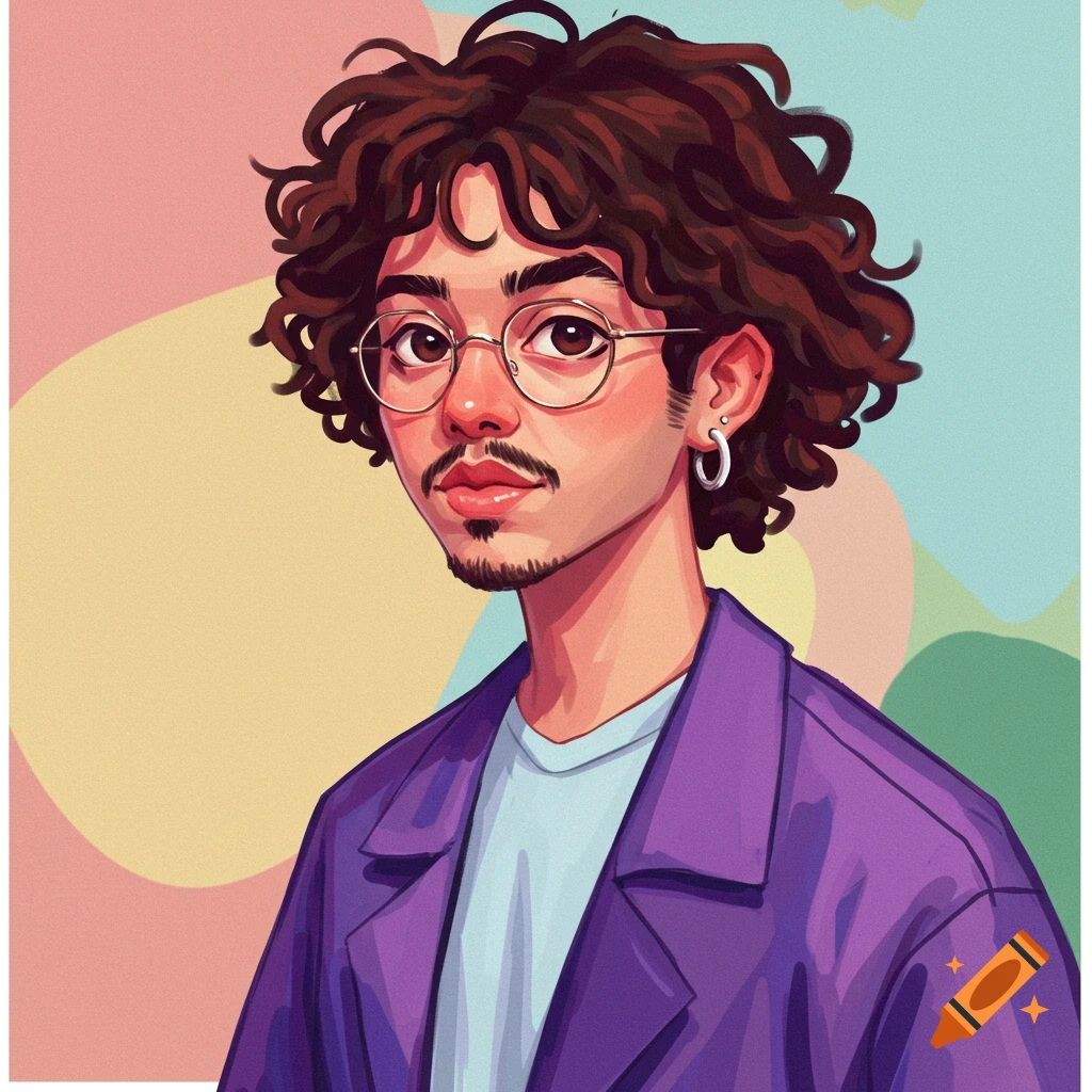 A cartoon portrait of a person with curly brown hair, glasses, mustache, goatee, and a purple jacket against a pastel background.