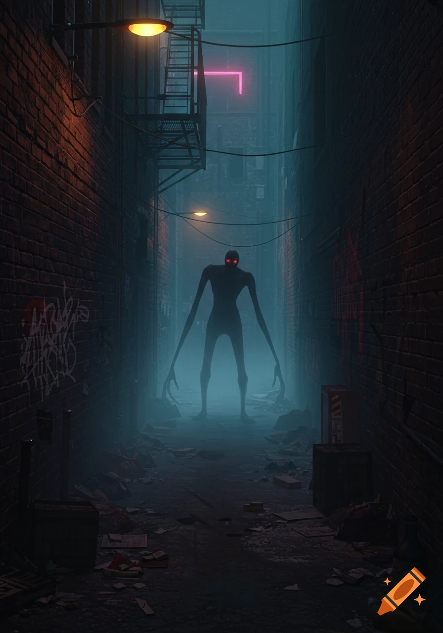 A tall, shadowy, slender monster with glowing red eyes stands in a dark, foggy alleyway with brick walls, graffiti, and trash on the ground under a streetlamp.