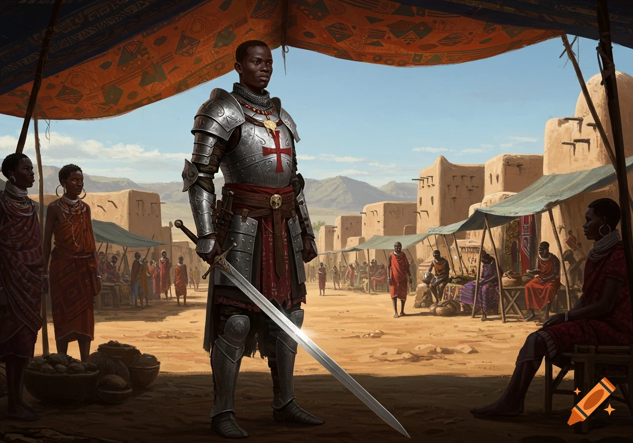An African man in silver Templar armor with a red cross, holding a sword, stands in a bustling, dusty outdoor marketplace.