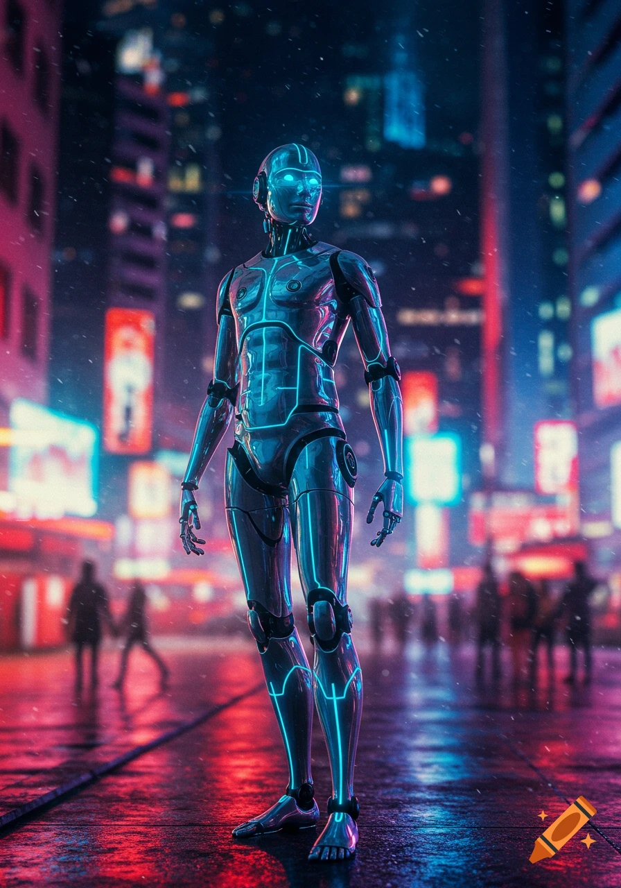 A gleaming metallic robot with glowing blue lines stands on a wet street in a neon-lit cyberpunk city at night, snow falling.