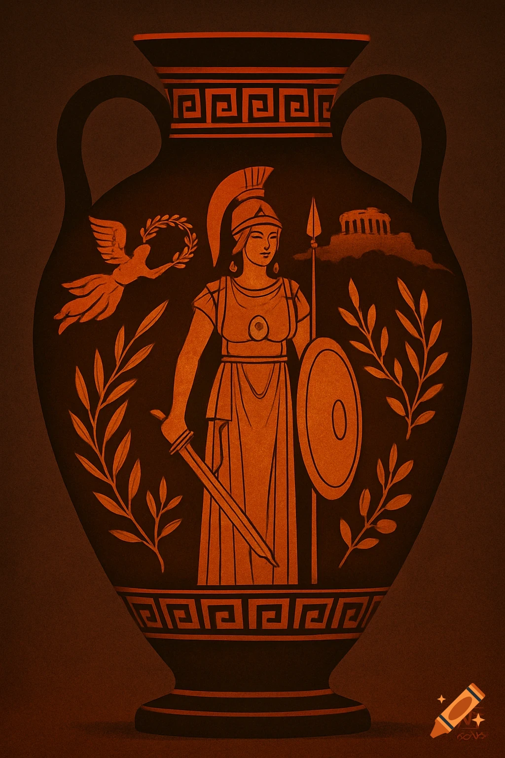 A stylized red-brown Greek amphora depicts goddess Athena, Nike, and the Acropolis in a classic art style.