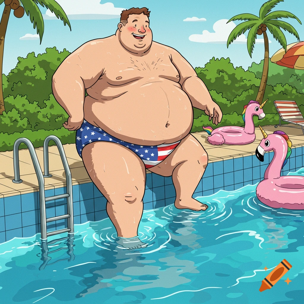 A cartoon illustration of an overweight man in an American flag Speedo sitting on the edge of a swimming pool, dipping his foot in the water.