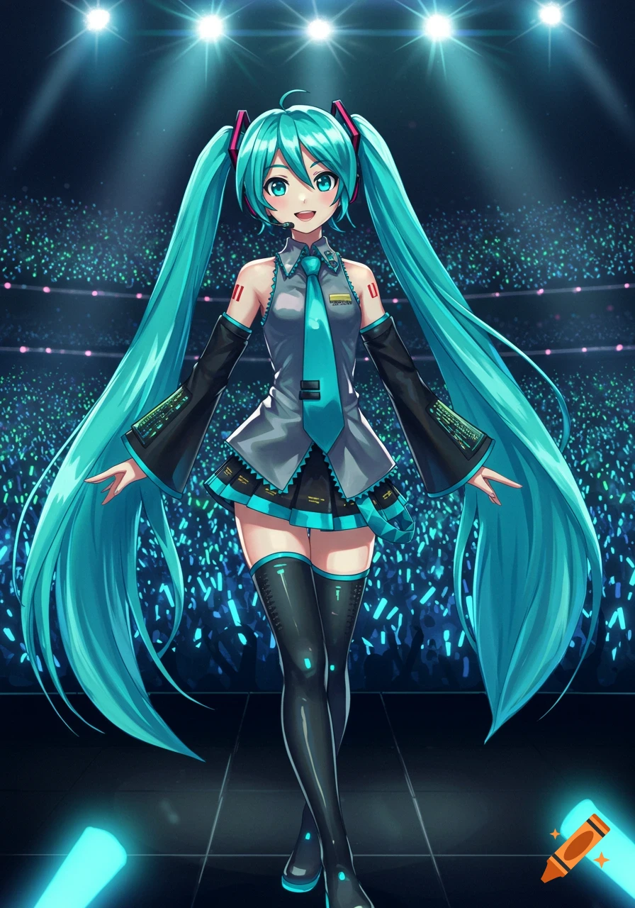 A vibrant anime idol with long teal pigtails, wearing a grey and black outfit with a teal tie, sings on a stage under spotlights to a cheering crowd holding glow sticks.