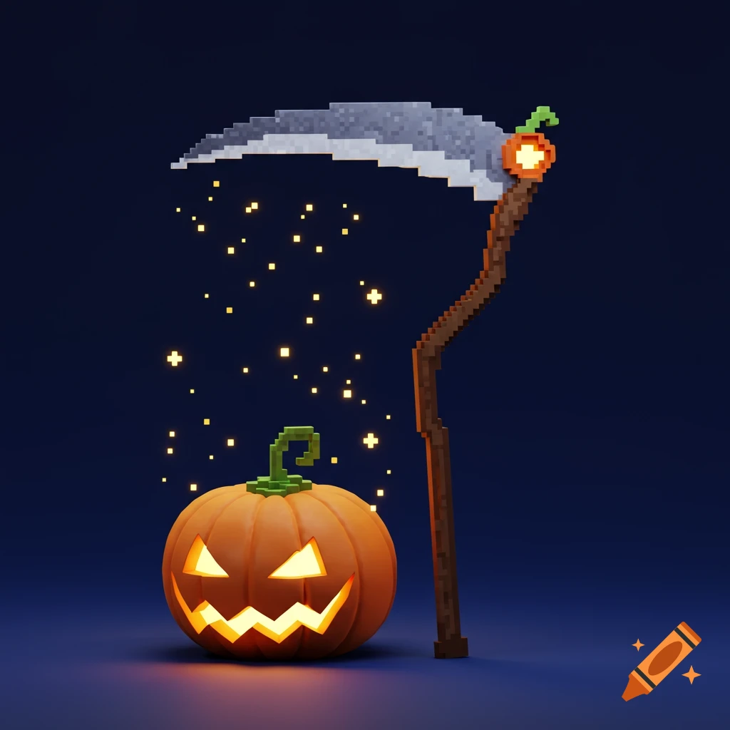Pixel art jack-o'-lantern with glowing eyes and mouth beside a scythe on a dark background with floating golden sparks.