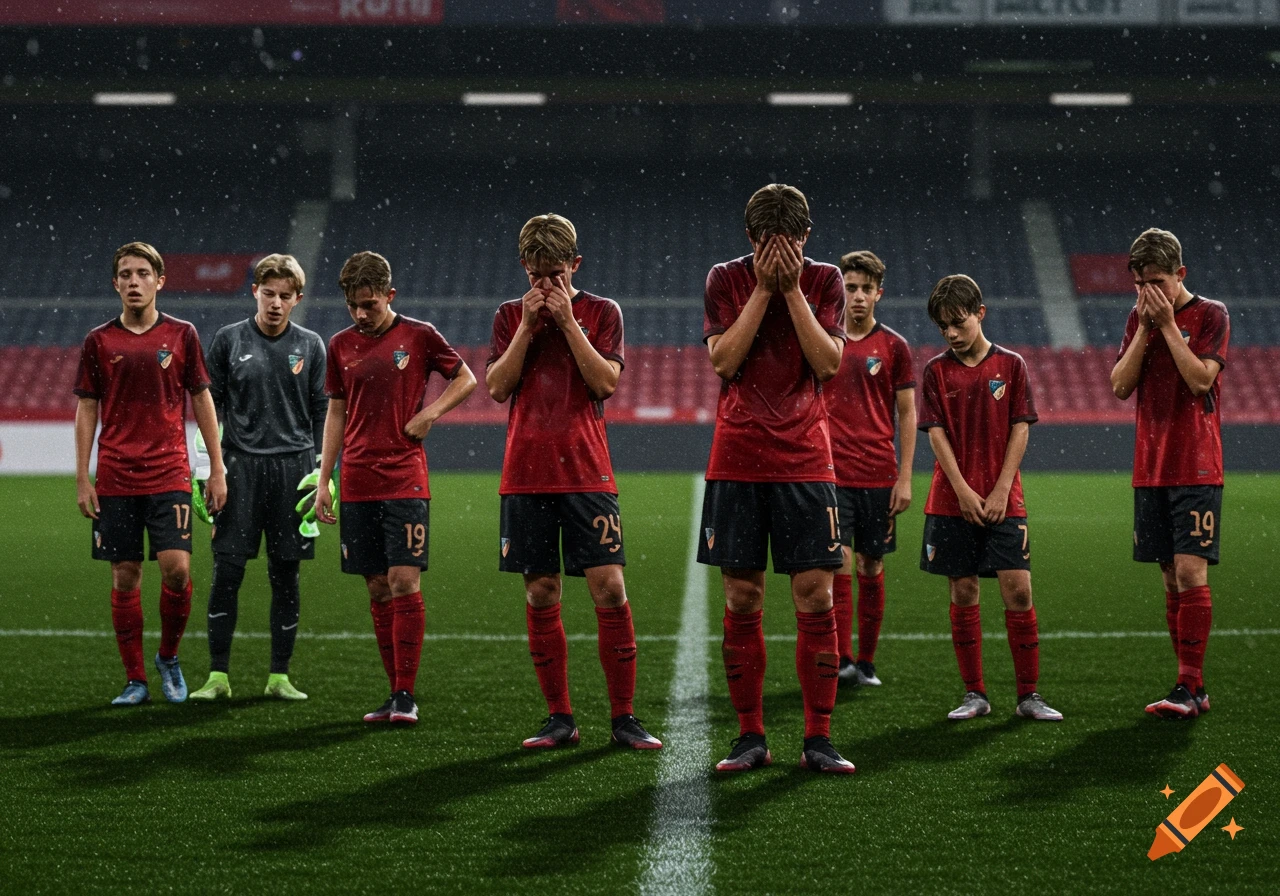Young male soccer players in red and black uniforms stand sadly on a rainy soccer field after losing a game, some covering their faces. Photorealistic.