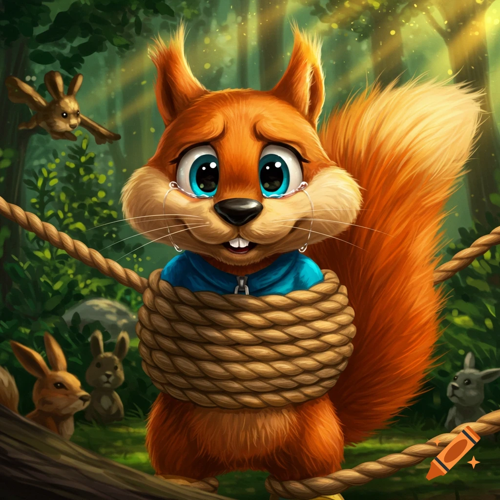 A cartoon squirrel, resembling Conker, is tied up with thick rope in a forest, looking sad with tears streaming down its face.