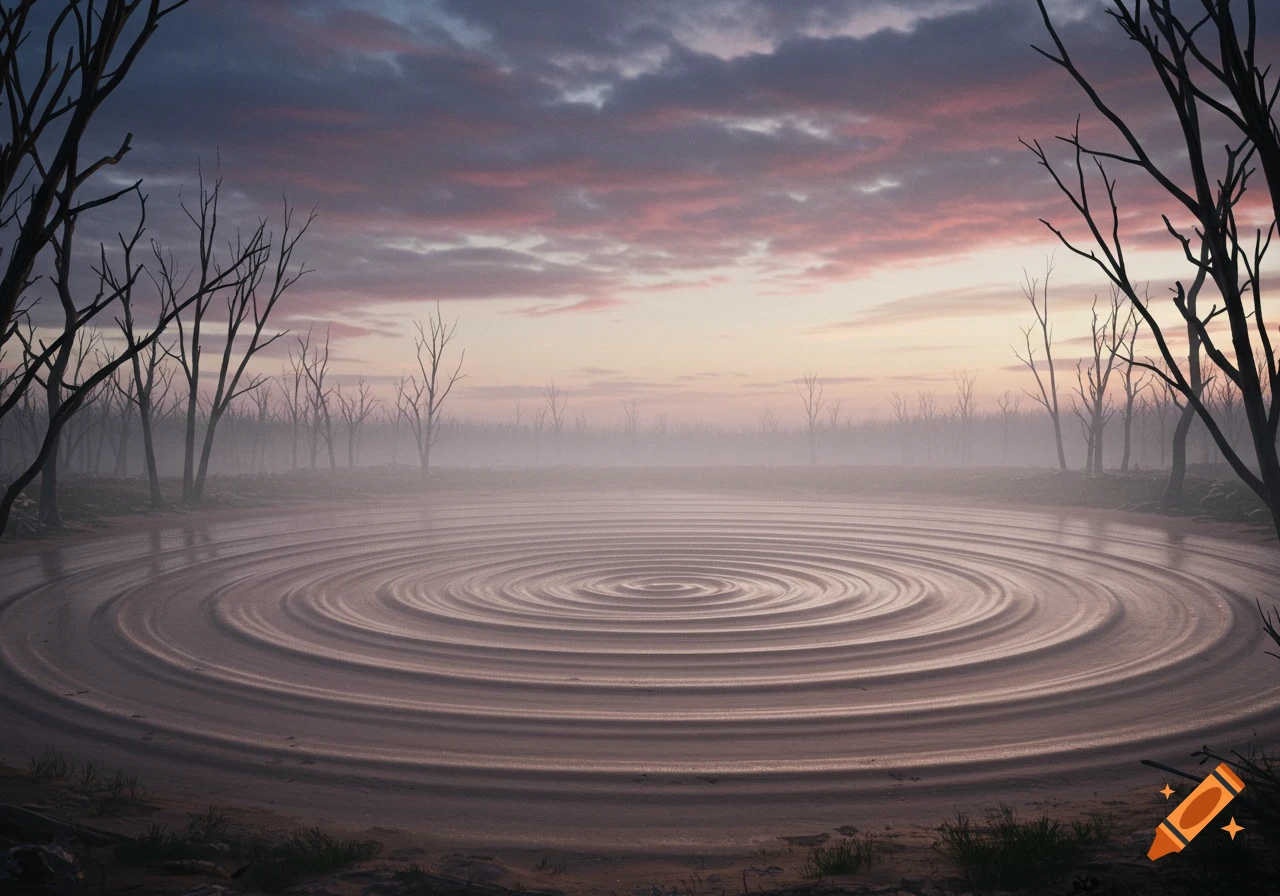 Misty landscape with bare trees surrounding a pool of water or mud with concentric ripples under a colorful sunset sky.