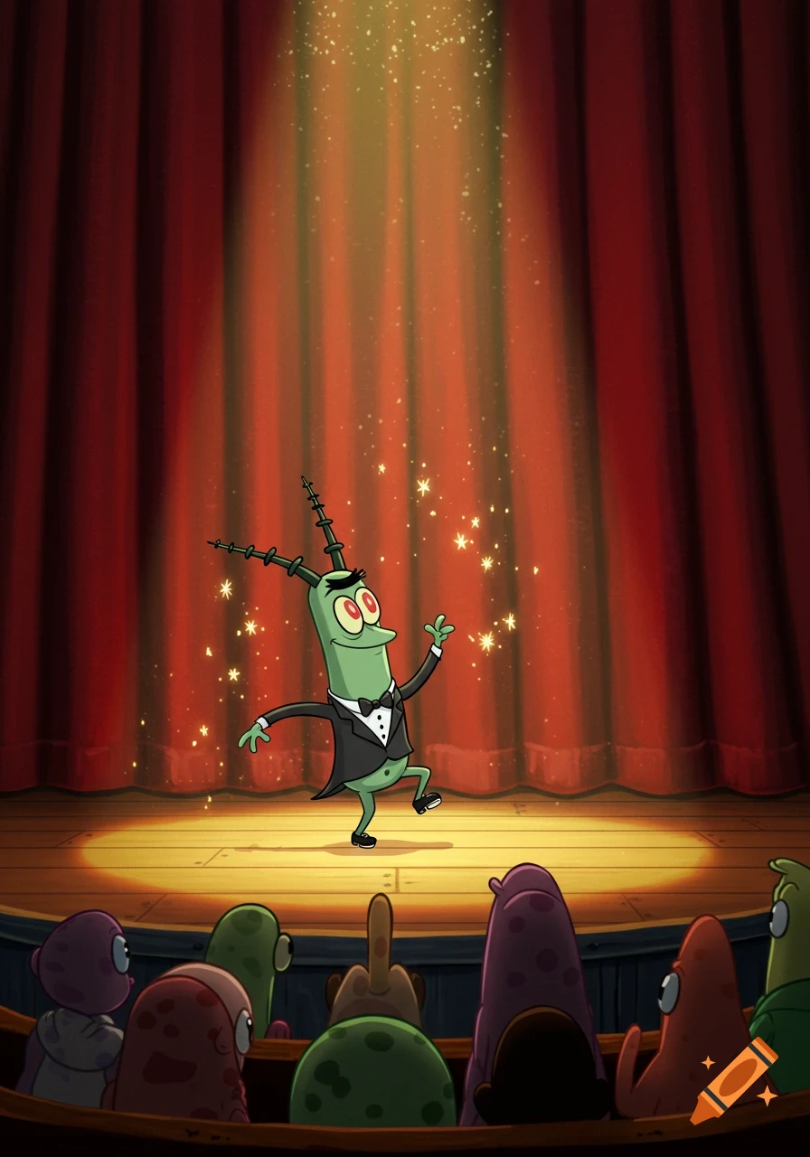 Plankton in a tuxedo tap dances on a spotlighted stage for a cartoon audience.