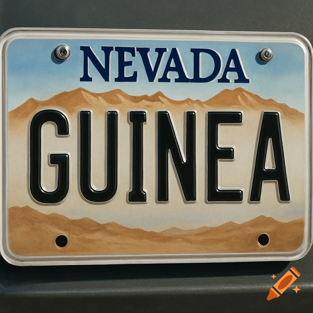 A realistic Nevada license plate displaying 'NEVADA' and 'GUINEA' with desert mountains in the background.