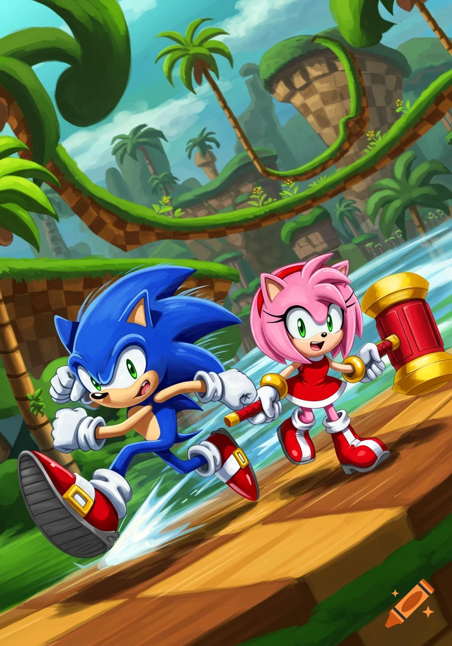 Sonic the Hedgehog and Amy Rose run on a checkered path in a vibrant, tropical video game level with palm trees and loops.