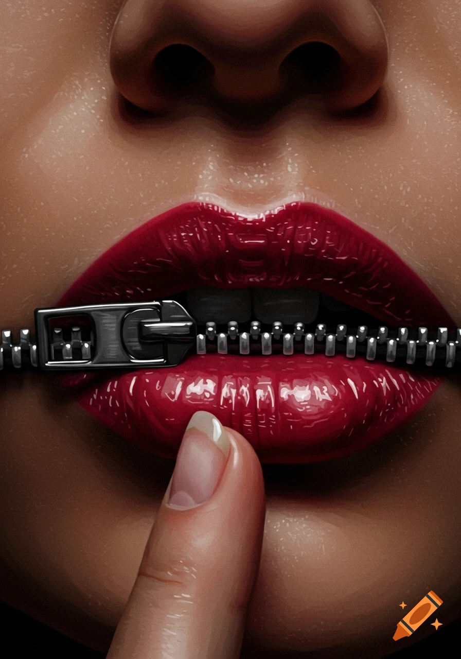 Close-up of red lips partially zipped shut by a metal zipper, with a finger gently pressing the lower lip.