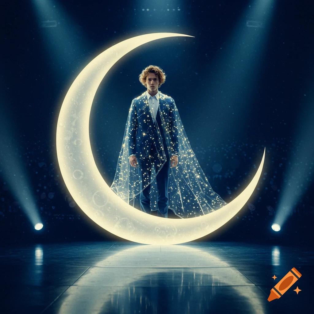 A young man in a blue suit and glowing, starry cape stands on a luminous crescent moon on a dark stage.