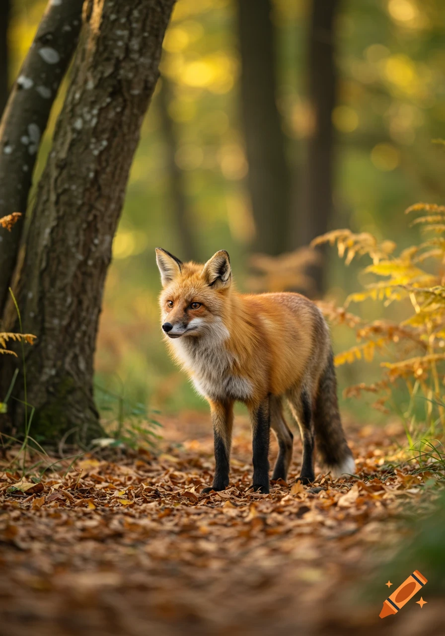 A photorealistic red fox stands on a leaf-covered forest path, looking left, with sunlit trees and foliage in the background.