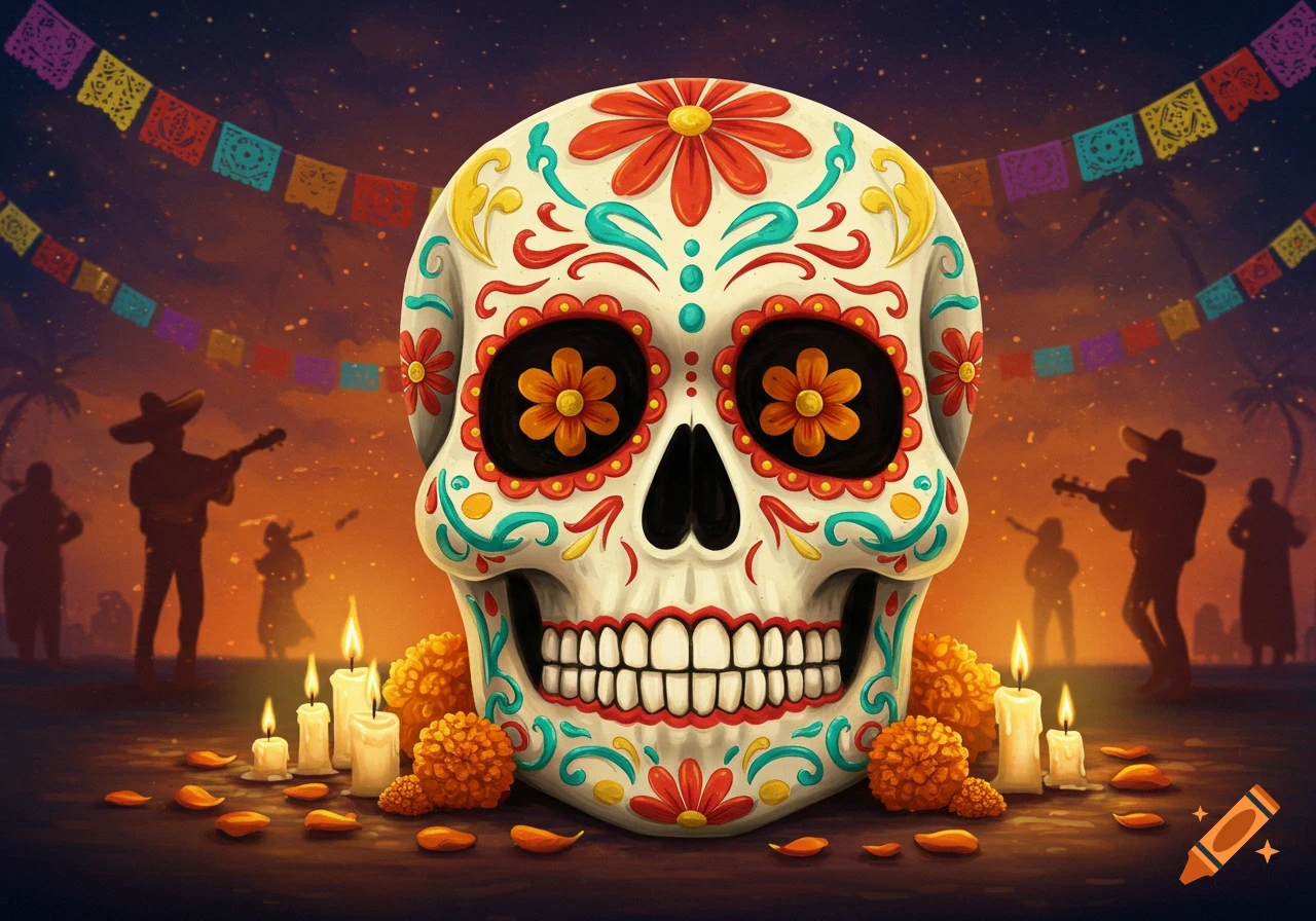 Vibrant illustration of an ornate sugar skull with marigold flowers and candles, against a festive Day of the Dead night with silhouetted figures.
