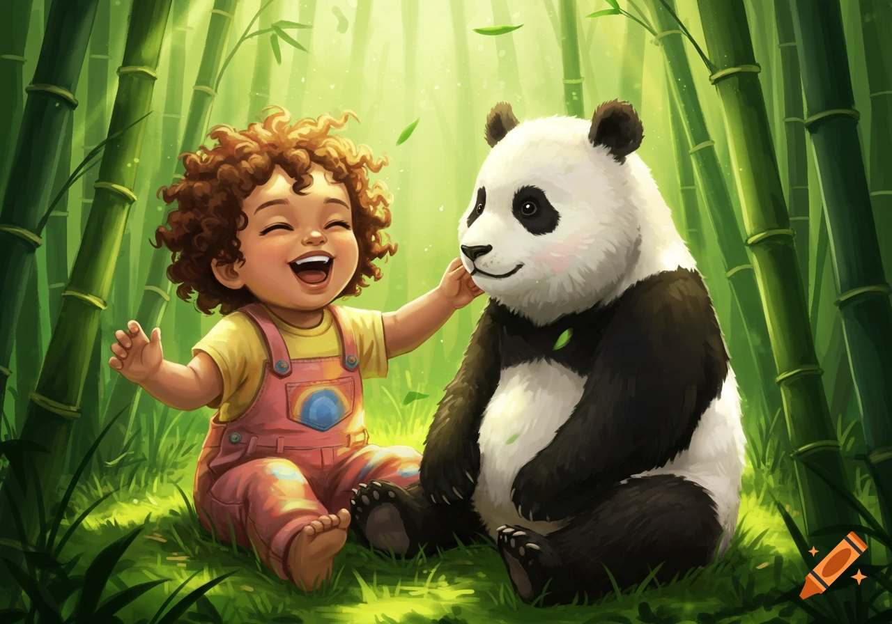 A happy toddler with curly hair sits in a bamboo forest, gently touching a friendly panda's face, in an illustrative style.