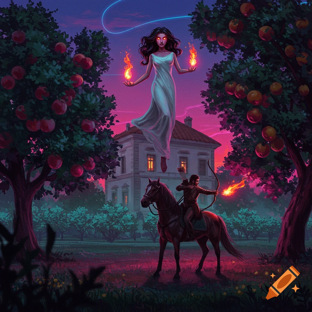 A woman with flaming hands floats above a house, while a man on horseback aims a flaming arrow in an apple orchard at neon dusk.