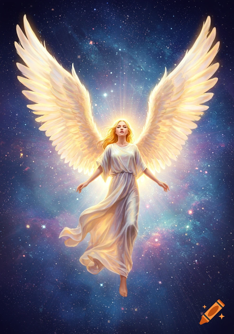 A blonde angel with large glowing wings and a white gown floats in a starry cosmic sky.