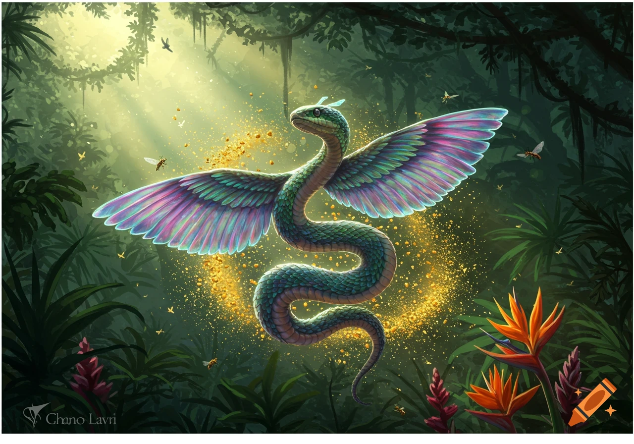 A vibrant green snake with large, iridescent wings floats amidst golden dust in a lush, sunlit jungle, digital art.