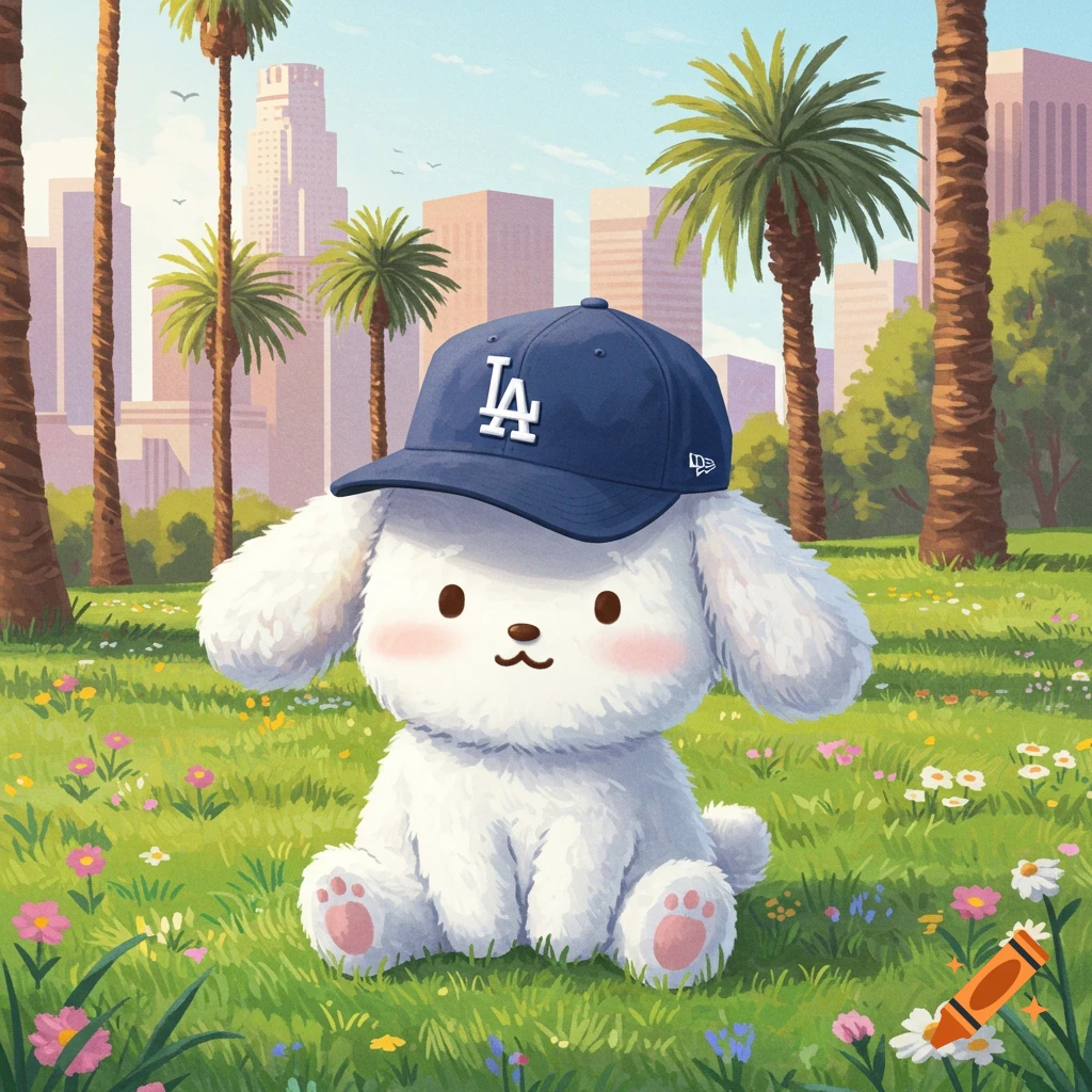 A cute white cartoon dog wearing a blue LA cap sits in a grassy park with flowers, palm trees, and city buildings in the background, in a stylized cartoon.