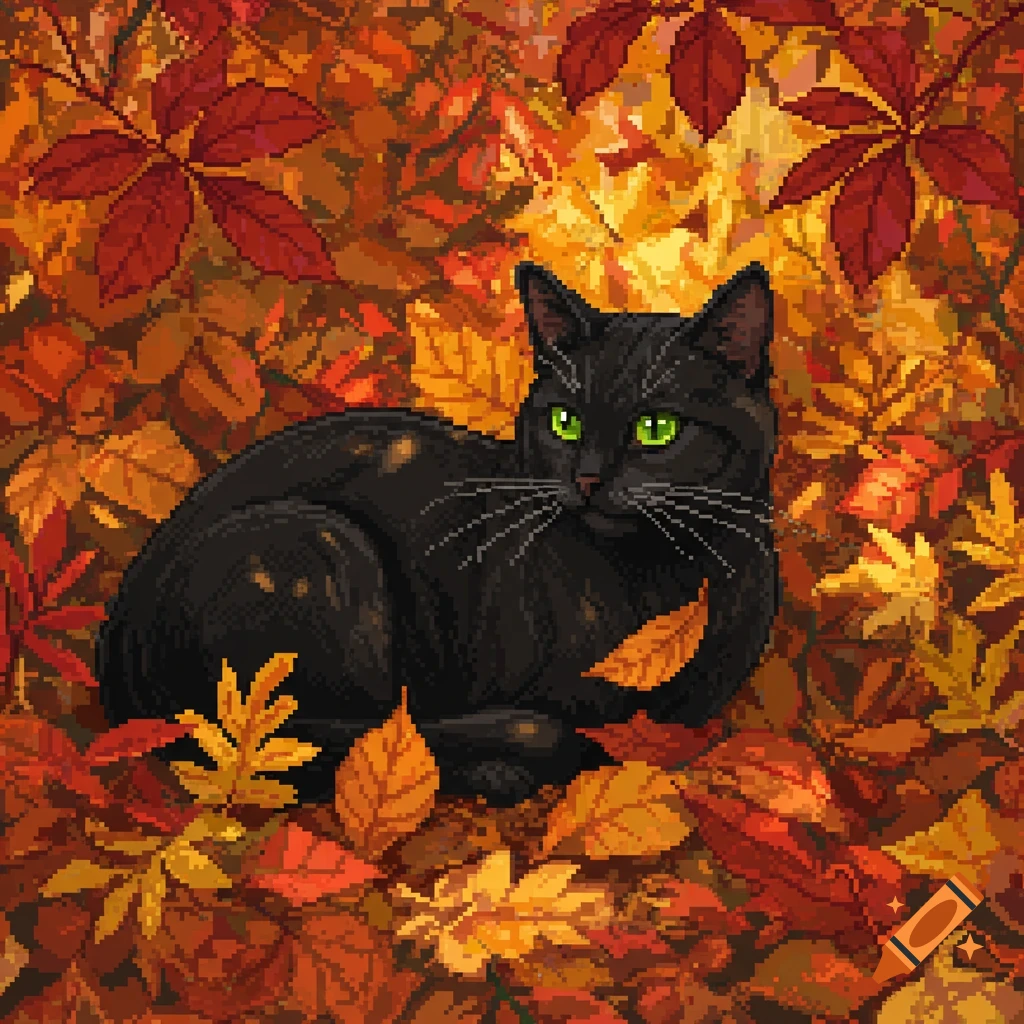 A black cat with bright green eyes lies among vibrant orange and red autumn leaves, rendered in a pixel art style.