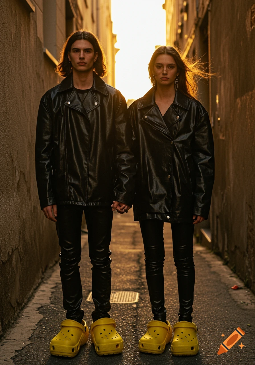 A couple in black leather jackets, tight pants, and massive yellow Crocs hold hands in an alley at sunset.