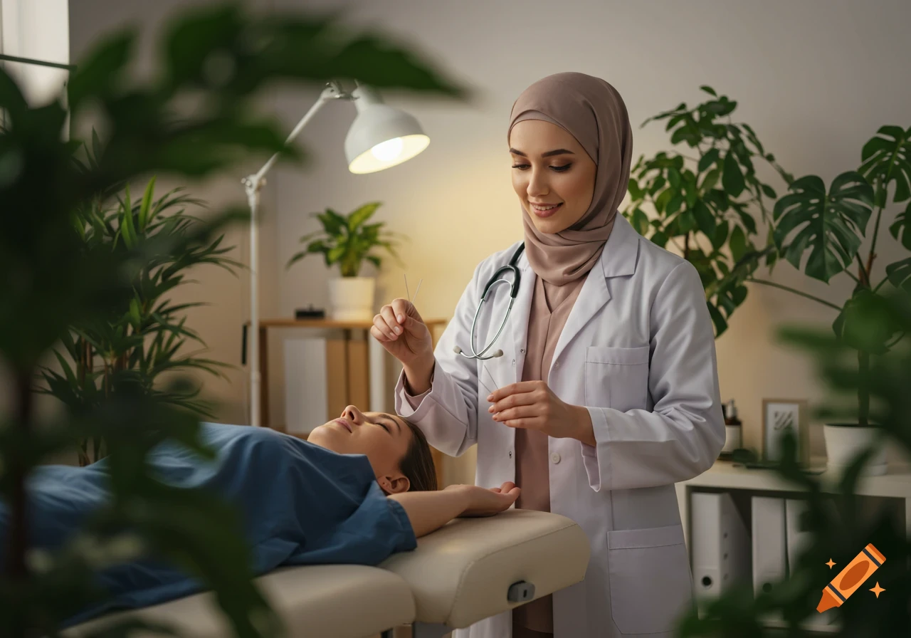A smiling Muslim female doctor performs acupuncture on a relaxed patient in a modern clinic.