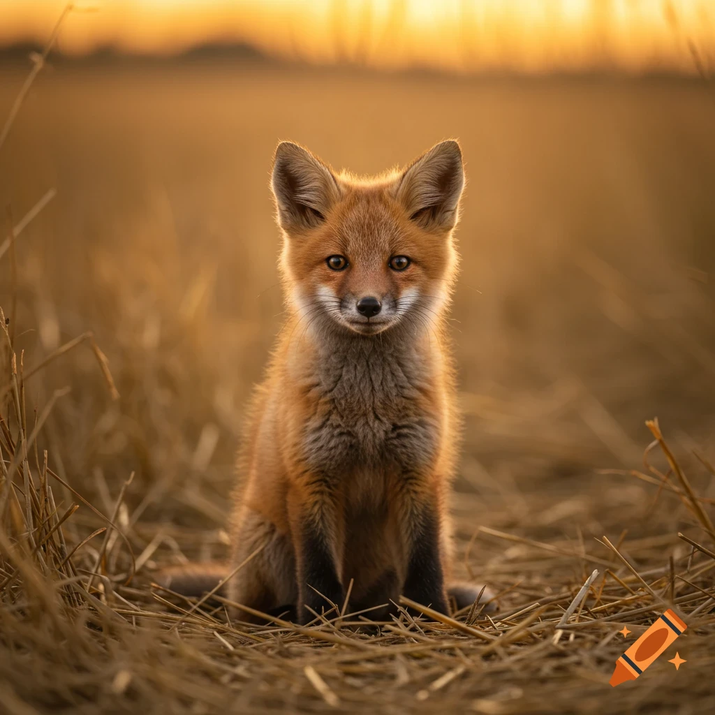 A photorealistic wildlife photograph of a cute fox cub sitting upright in a golden straw field at sunset, looking at the camera.