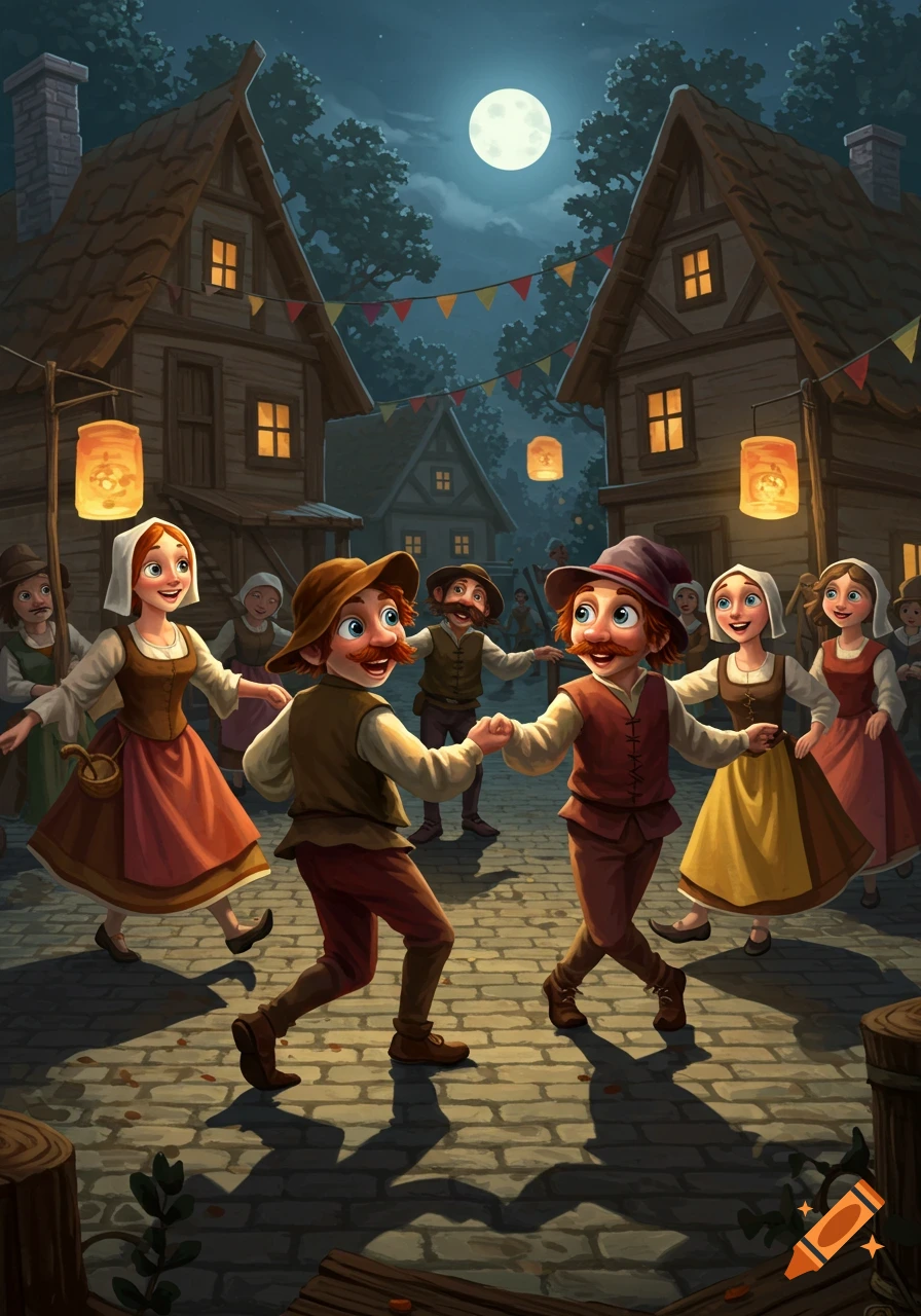 Cartoon peasants with big eyes dance in a moonlit village street with lanterns and houses.