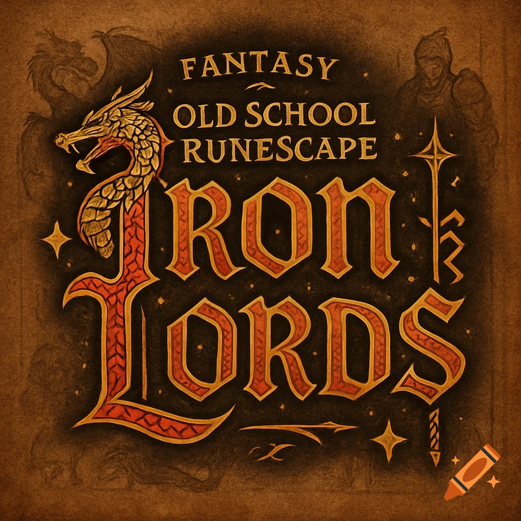 Vintage fantasy logo for 'Iron Lords' with 'Old School Runescape' text, featuring a dragon and knight.