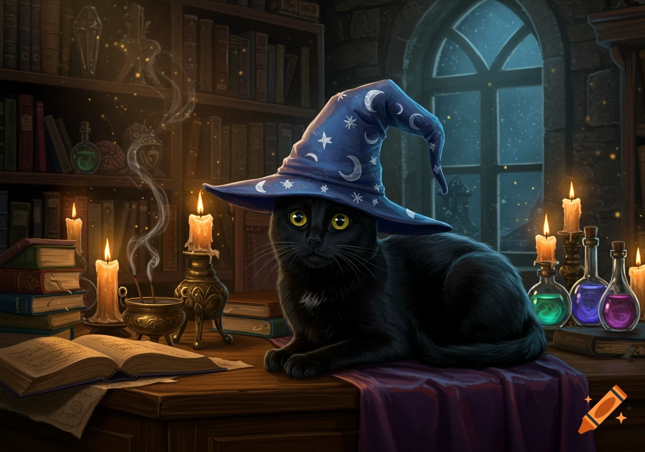 A black cat wearing a blue wizard hat with moons and stars sits on a table amidst magical books, candles, and potions in a cozy, dim library.