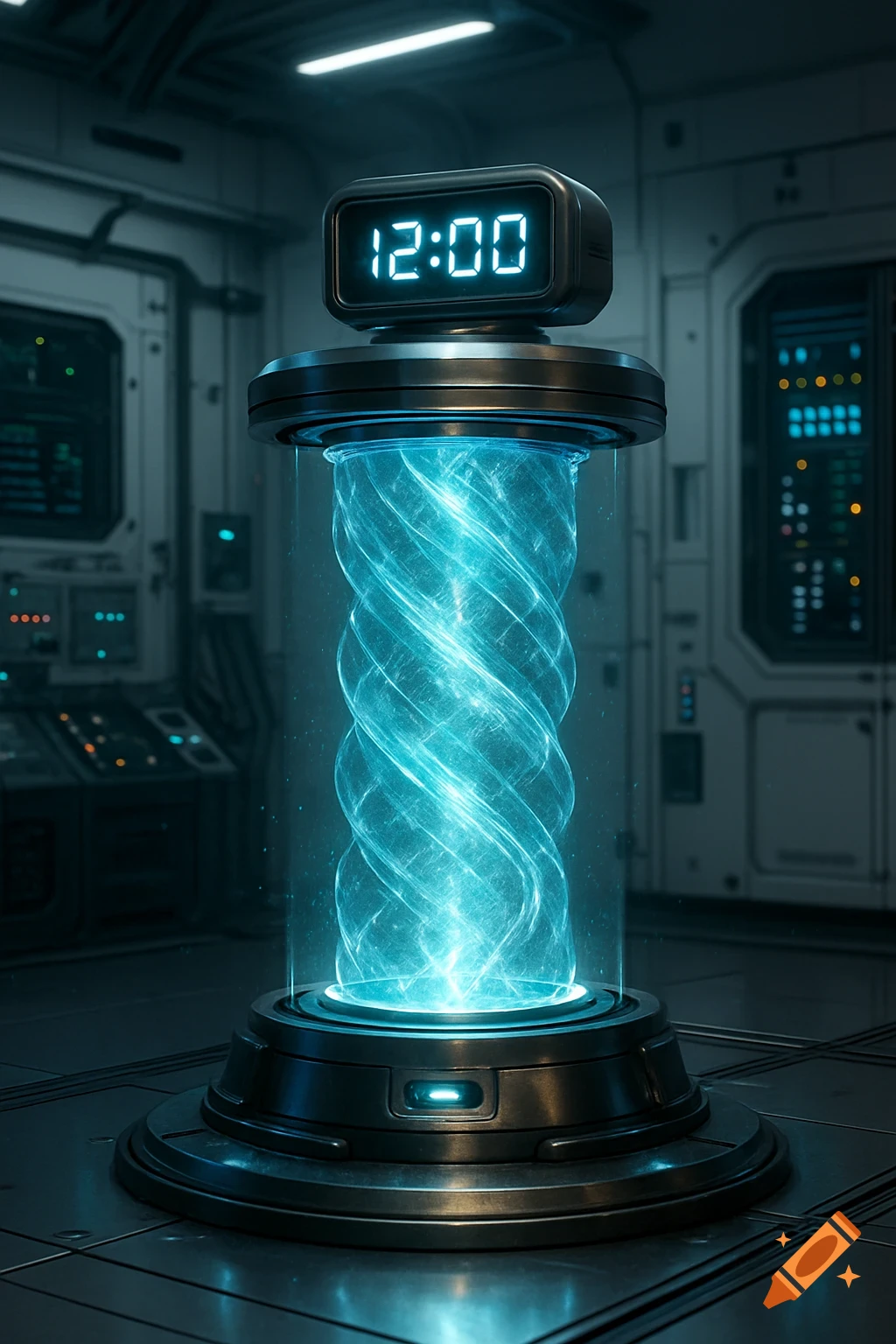 A glowing blue energy column inside a futuristic device with a digital clock showing 12:00, set in a sci-fi lab.