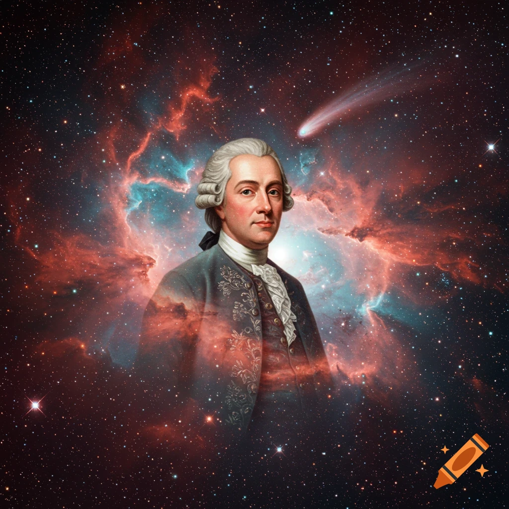 A classical portrait of Carl von Linné overlaid on a vivid cosmic nebula with stars and a comet.