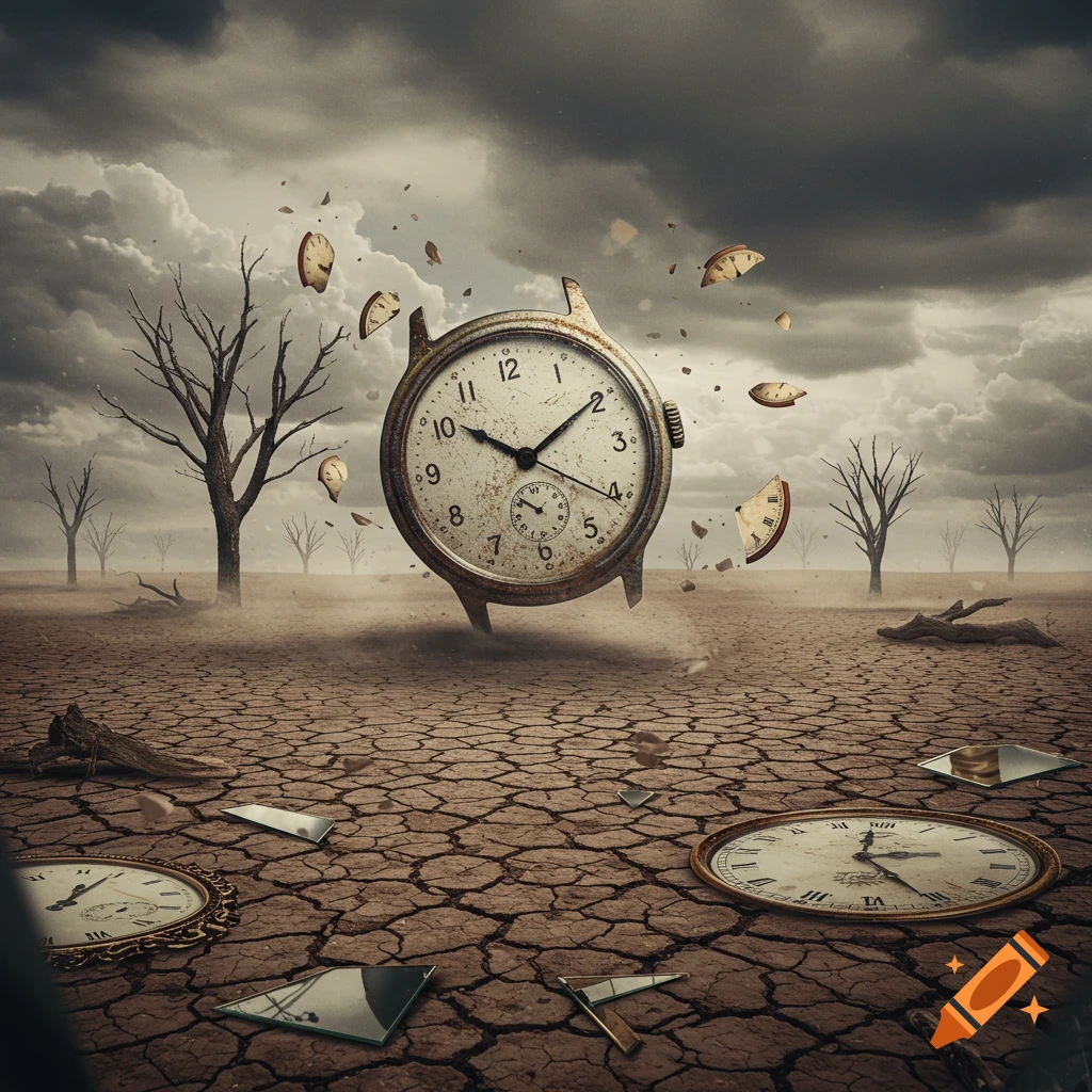 A surreal, desolate landscape with cracked earth and bare trees under a cloudy sky. A large, rusty pocket watch floats centrally, with smaller, broken clock pieces scattered around and on the ground.