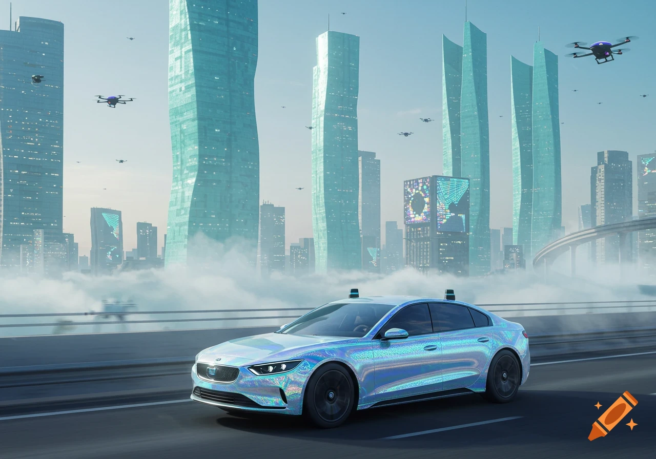 An iridescent autonomous car on a highway in a futuristic city with tall turquoise skyscrapers and flying drones.