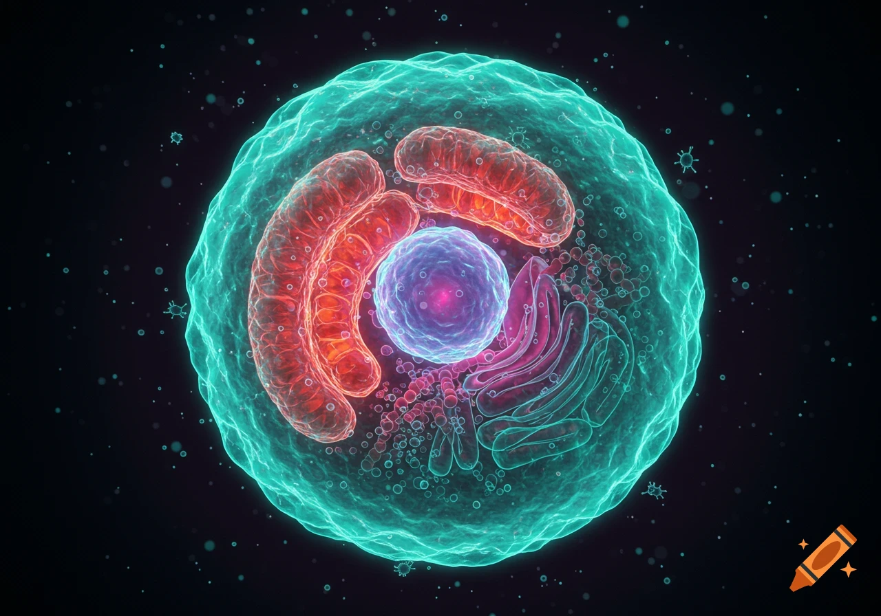 A stylized, glowing cross-section of a biological cell with nucleus, mitochondria, and Golgi apparatus in neon colors.