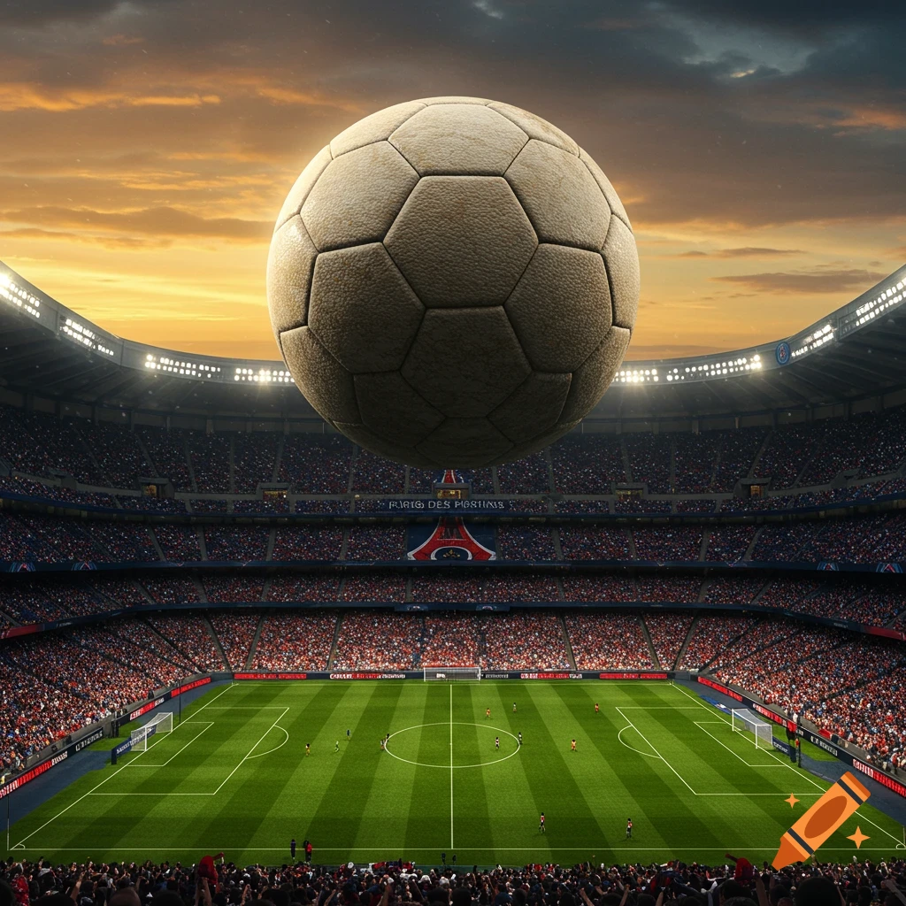 A massive, textured football floats high above the center of a crowded, illuminated soccer stadium at sunset, with a green field below.