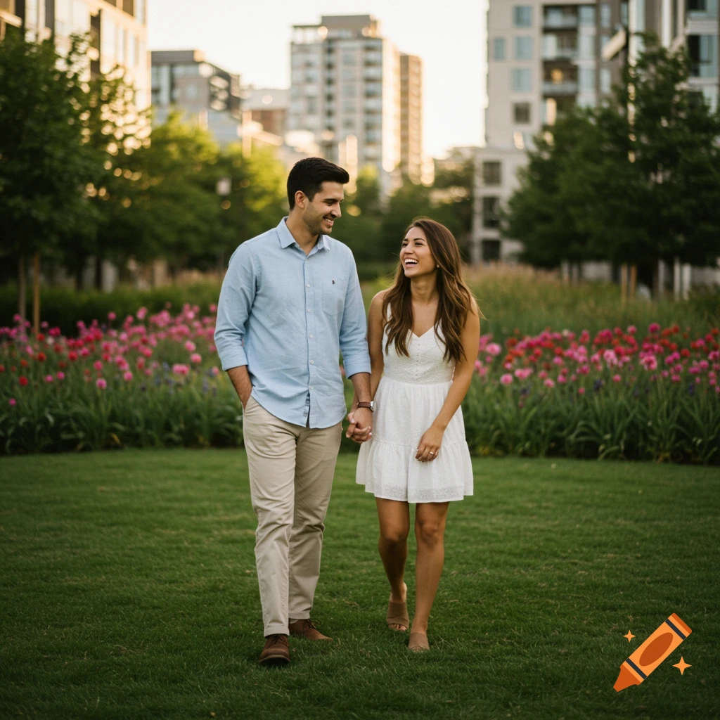 Photorealistic image of a smiling couple holding hands, walking in a vibrant city park with flowers and buildings.