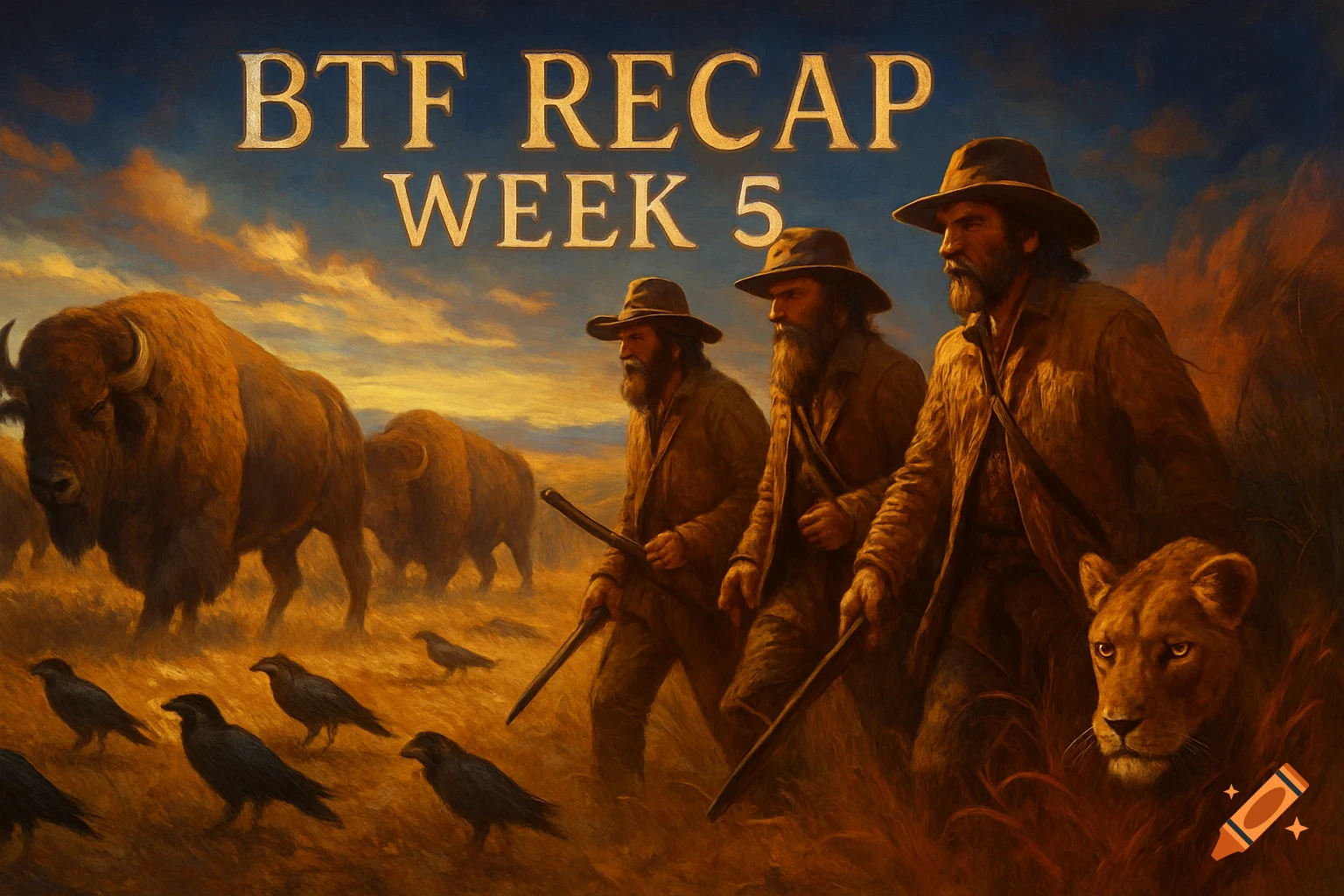 Painterly scene with bearded hunters, buffaloes, ravens, and a lion in a golden landscape. Text 'BTF RECAP WEEK 5'.