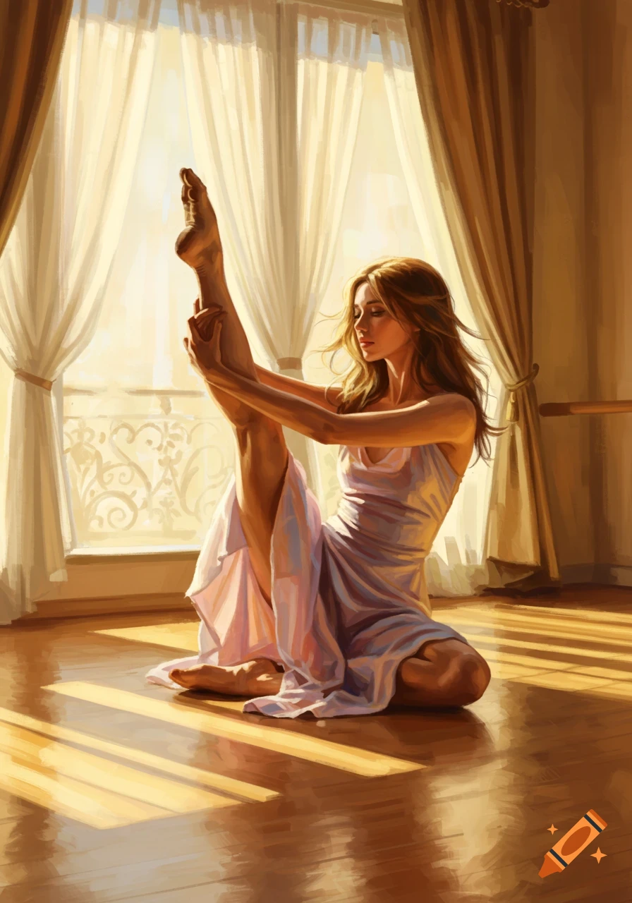 Digital painting of a woman in a flowing dress stretching, seated on a sunlit wooden floor by a window with sheer curtains.