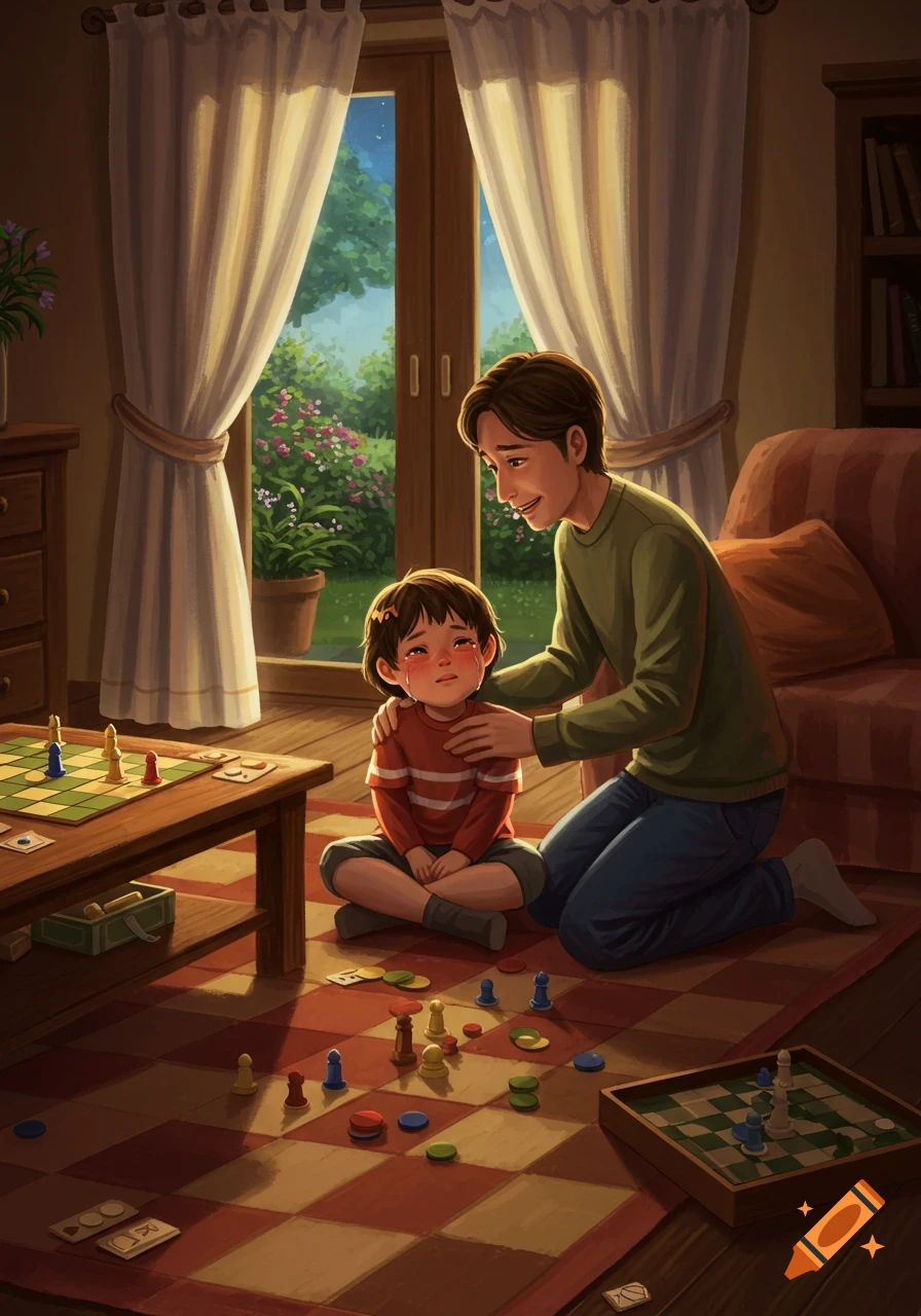 An illustration of a father comforting his crying child during a board game in a cozy living room.