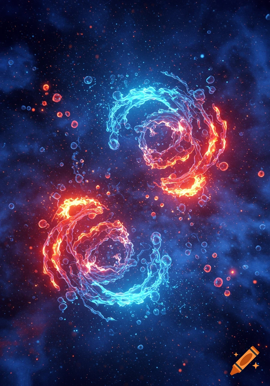 Two glowing abstract energy swirls, one red and one blue, against a dark, star-filled cosmic background.