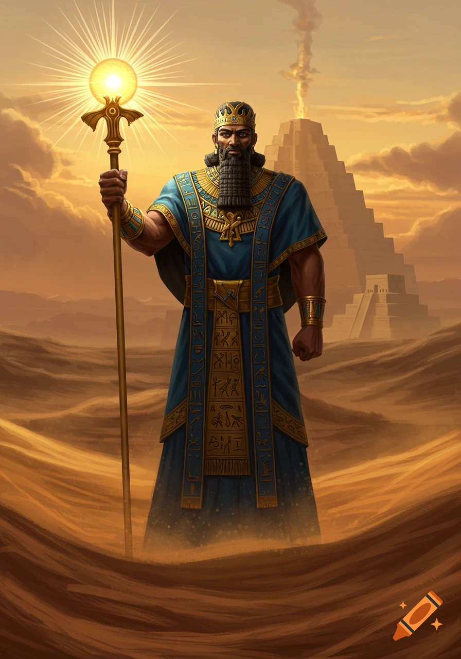 A regal Mesopotamian figure in a blue robe holding a glowing staff, standing in a desert with a ziggurat and warm sunset.