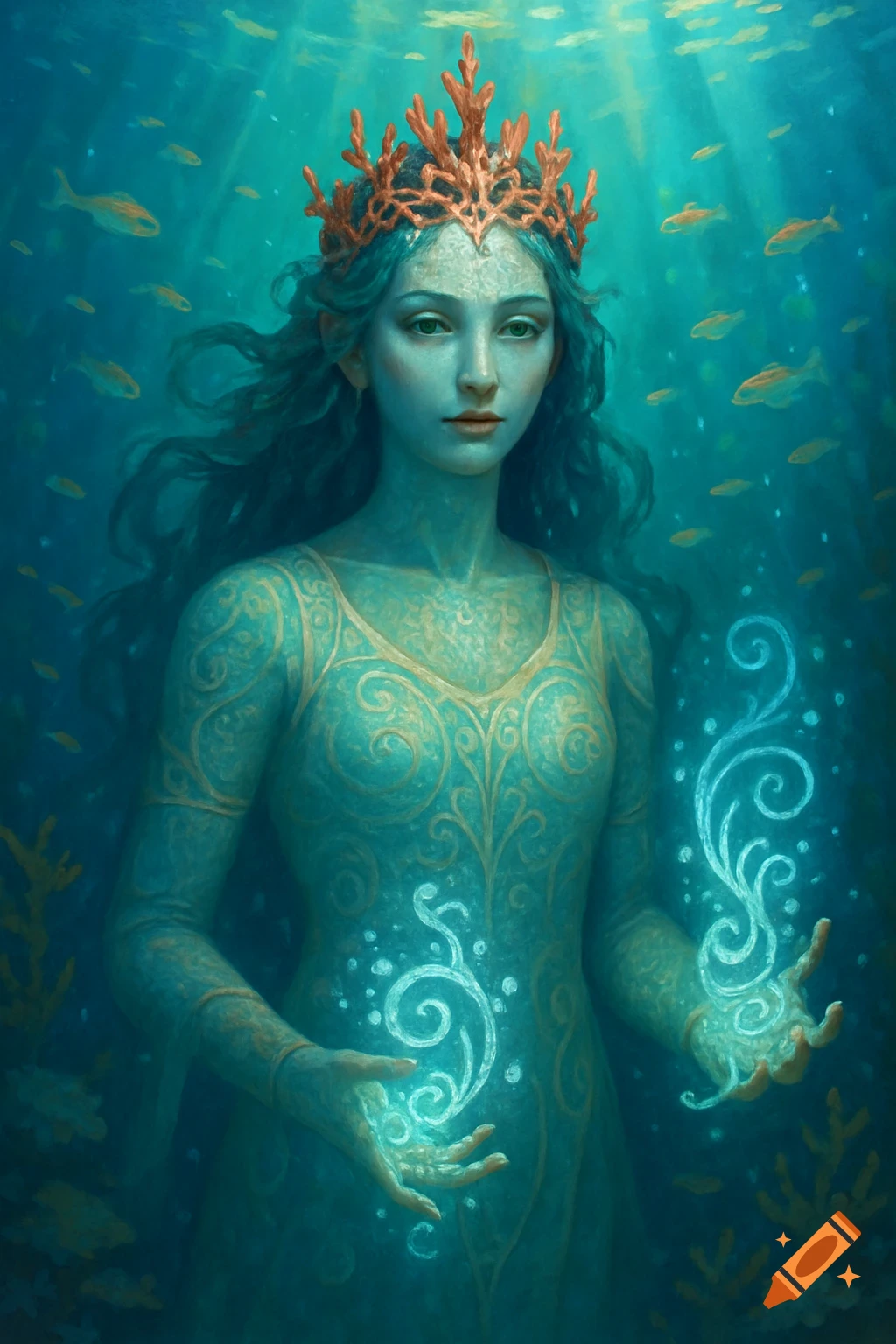 A graceful woman with pale blue skin and blue-green hair, wearing a patterned teal robe and coral crown, holding glowing magic underwater with fish around her.