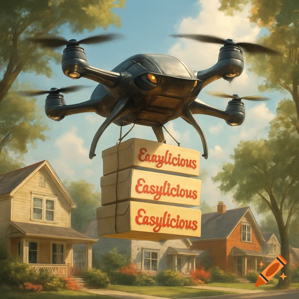 A black drone carries three packages, one labeled 'Eaaylicious' and two 'Easylicious', flying over suburban houses.